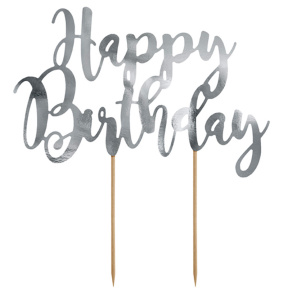 Топпер для торта Happy Birthday, серебро